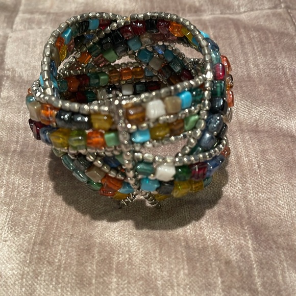 Glass Beaded Cuff Bracelet multicolored 6.5-8.5” - Picture 4 of 6